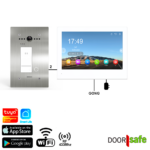 DS77718 | HD-Video-Türklingel mit Kamera | 8"-Touchscreen | mit Internet- & App-Option | Unterputz | mit RFID-MiFare-Chipleser | Edelstahl | 2-Draht | BUS | 2-Draht von der Außeneinheit zum Bildschirm | Bildschirm per 2,4/5-GHz-WLAN mit dem Internet verbinden | 32 GB & NAS